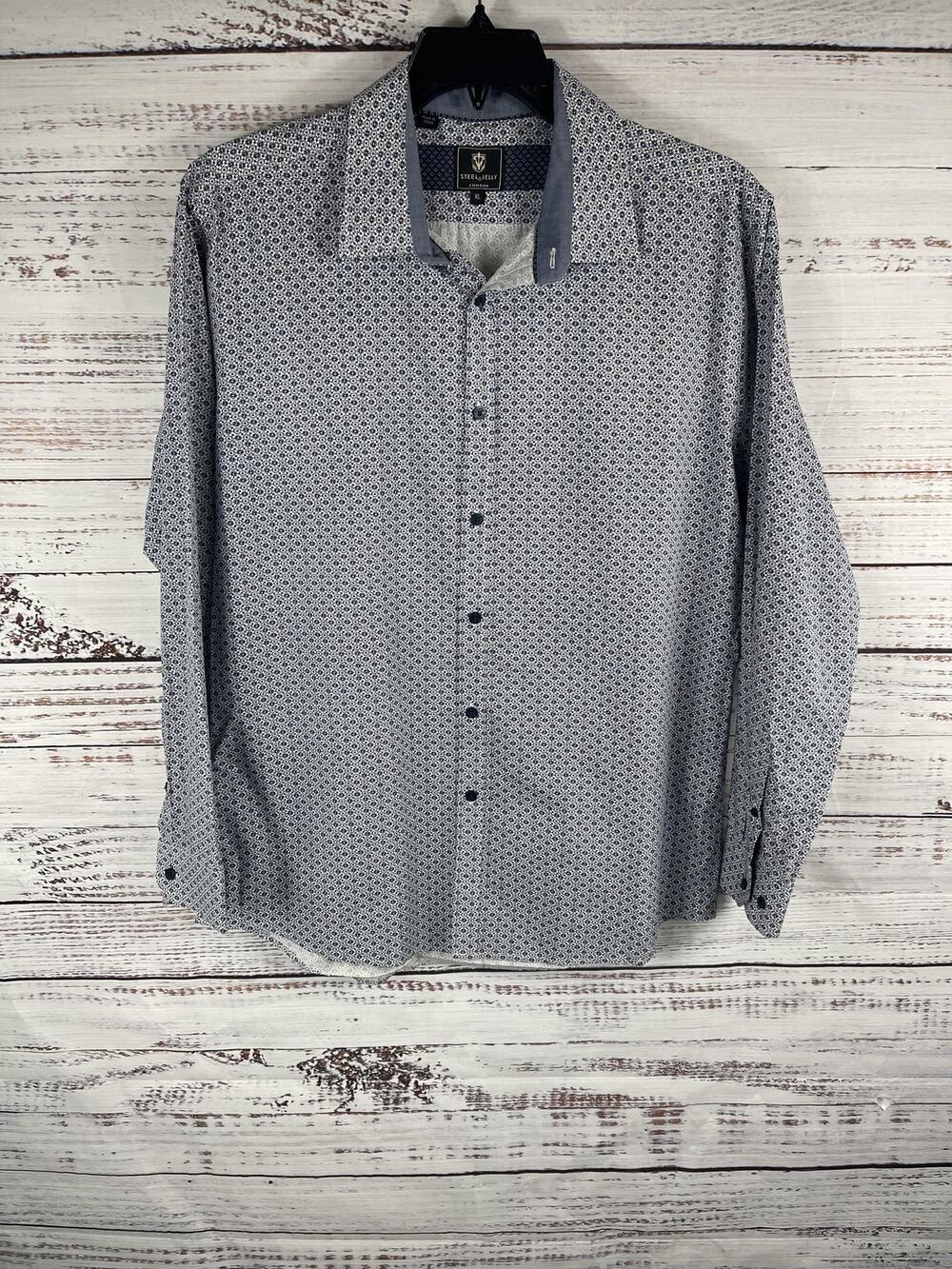 Steel & Jelly Shirt Men's XL Blue White Geo Print Long Sleeve Button Up Cotton